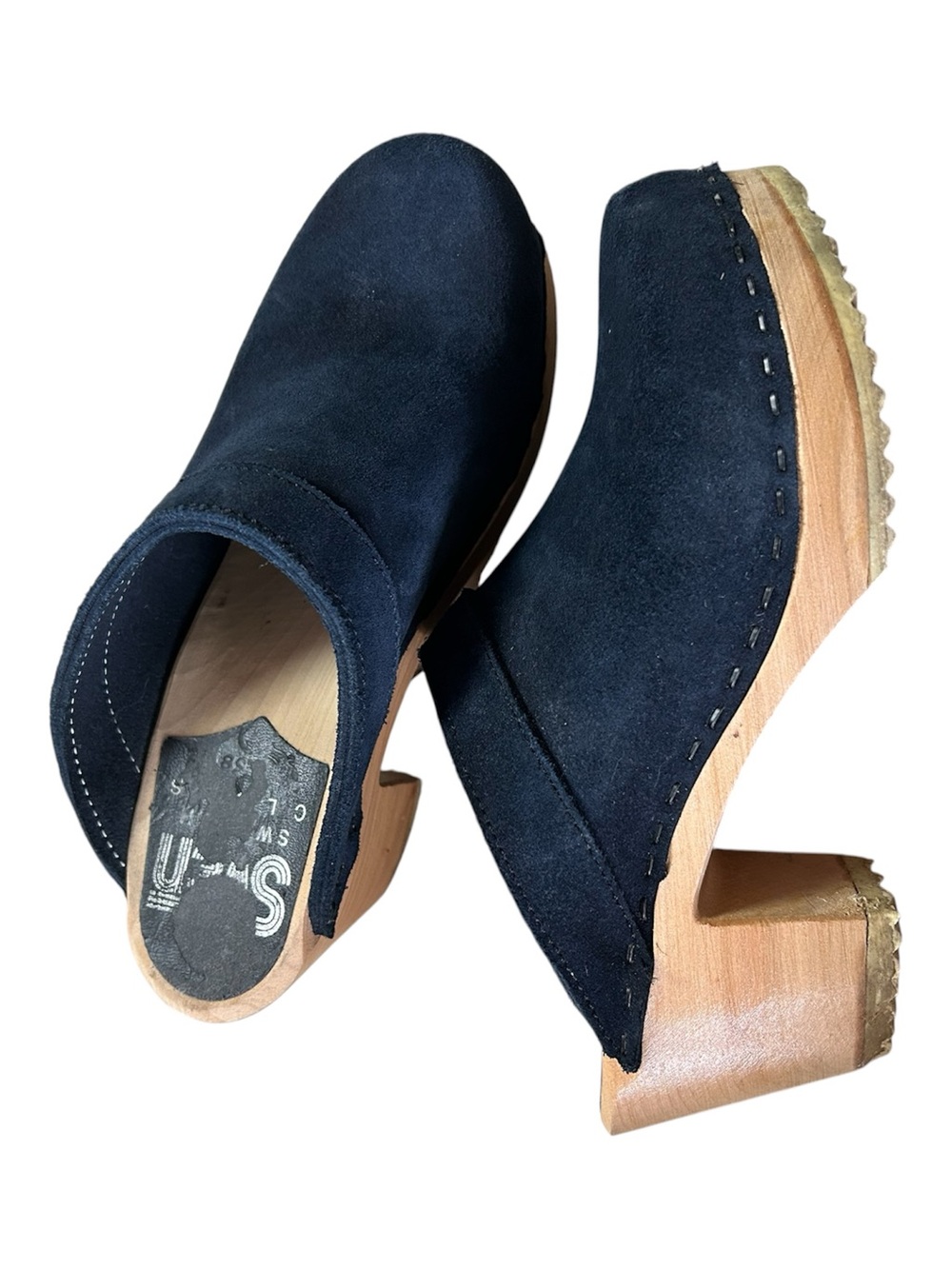 Sven Navy Suede Wooden Platform Clogs